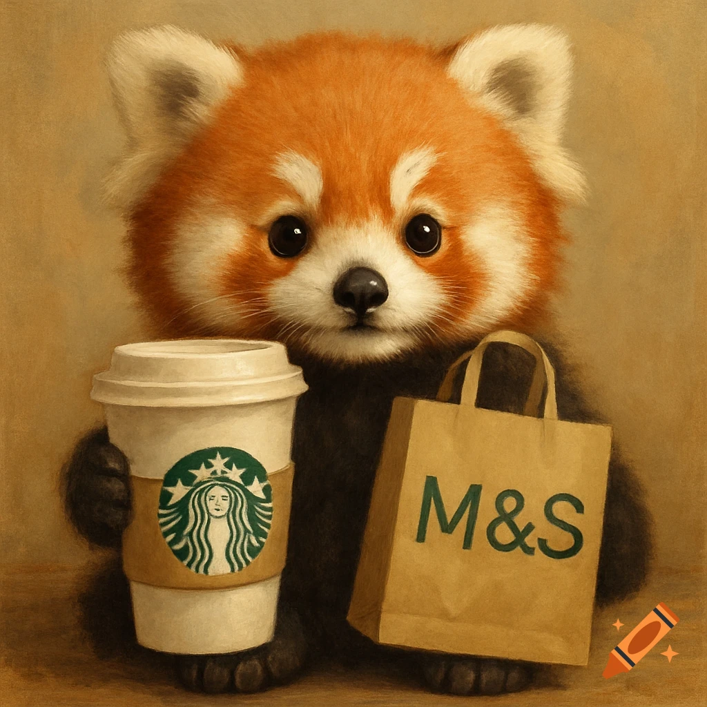 A cute baby red panda holds a Starbucks coffee cup and an M&S shopping bag.