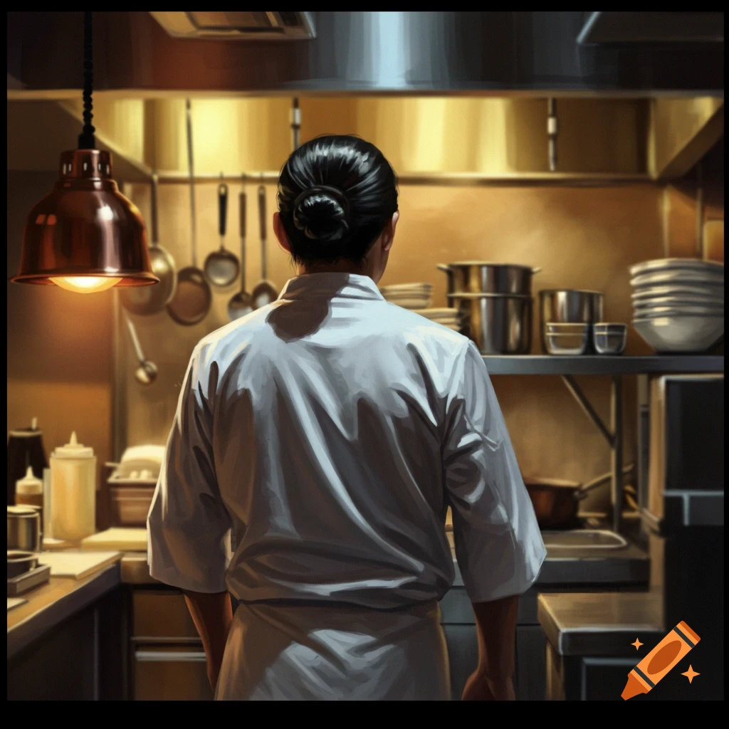 A chef seen from behind stands in a busy kitchen.