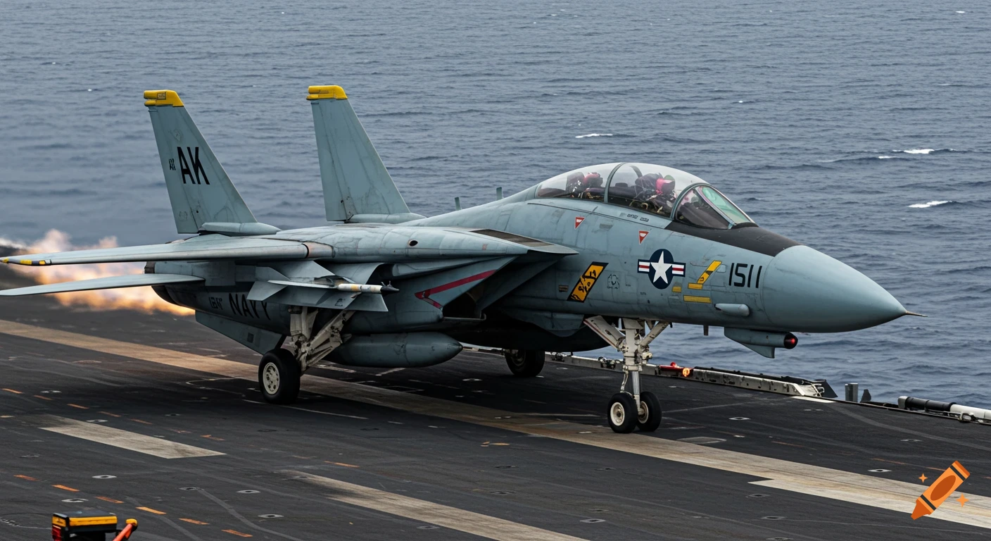 An F-14 Tomcat jet sits on an aircraft carrier deck with exhaust flames trailing.