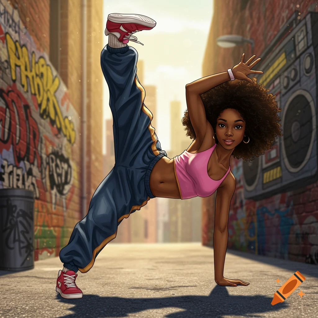 Illustration of a girl breakdancing in an alley