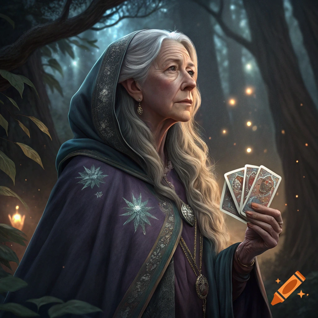A sorceress holds tarot cards in a mystical forest with glowing lights.