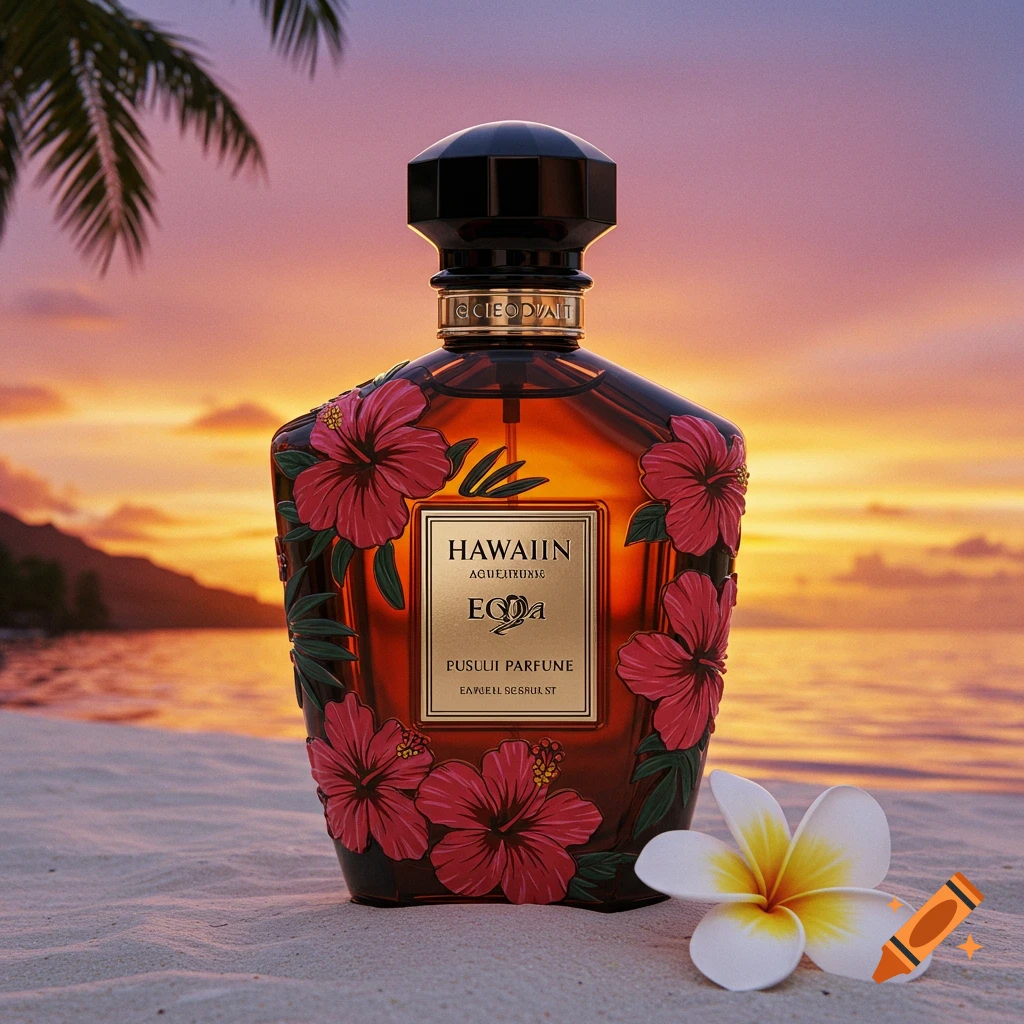 Luxury perfume bottle decorated with red hibiscus flowers on a beach at sunset with a plumeria flower.