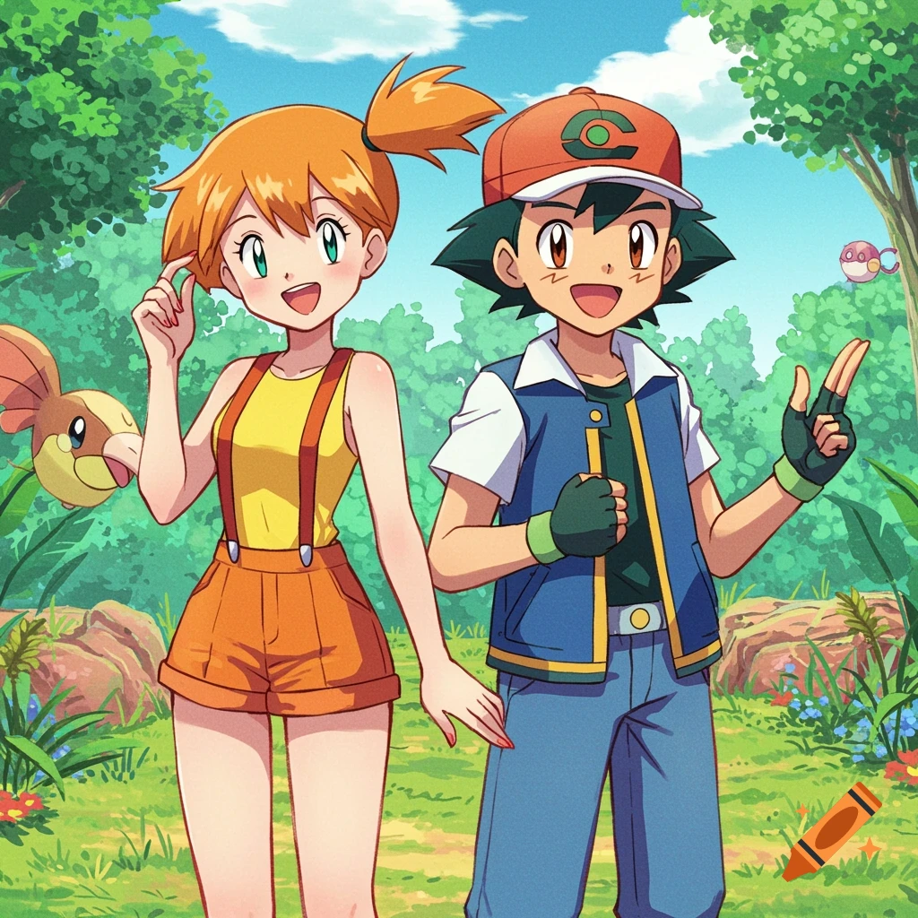 Ash and Misty from Pokemon standing in a forest in anime style.