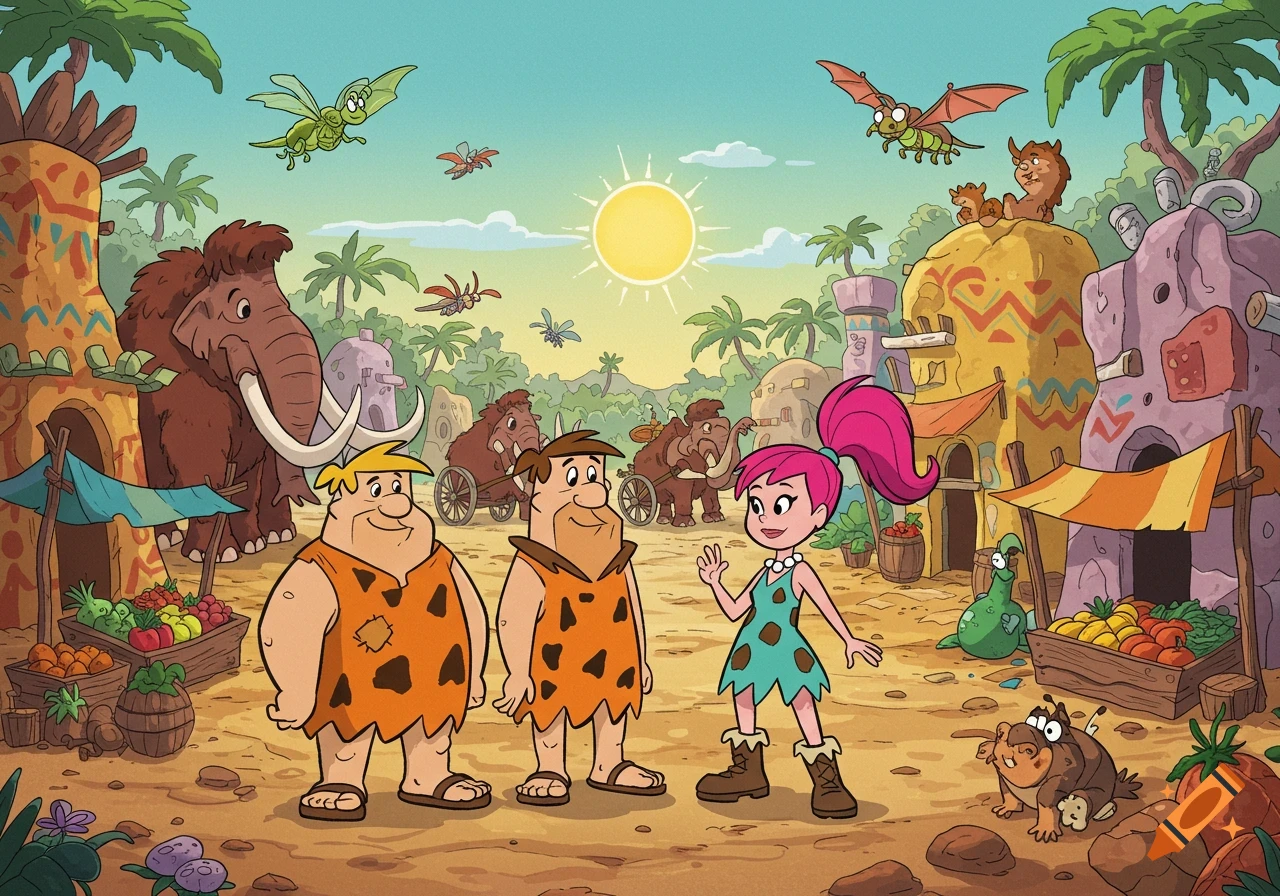 Cartoon characters resembling The Flintstones in a prehistoric town with mammoths and market stalls.
