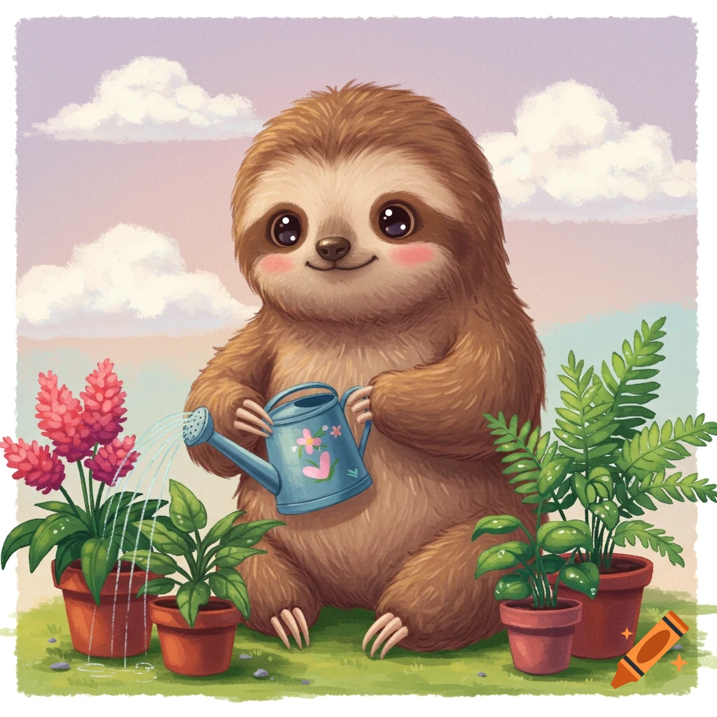 Cute illustration of a sloth watering potted plants.