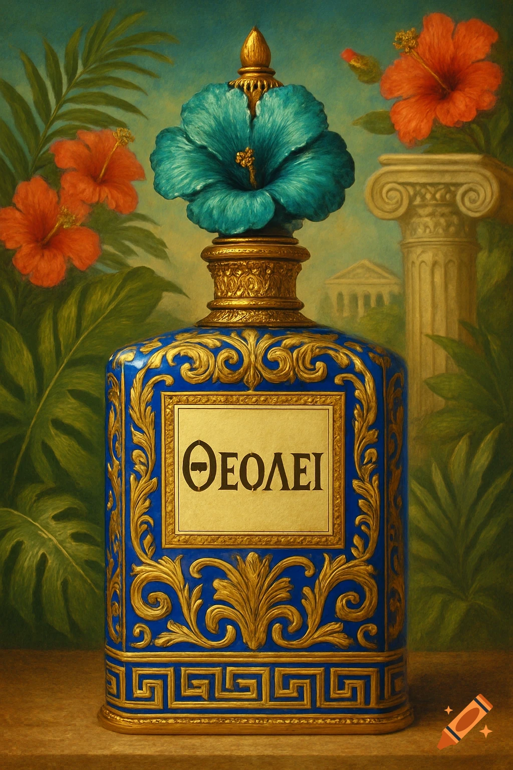 A luxurious blue and gold perfume bottle with a large teal flower cap in a tropical setting with red flowers and a classical column.