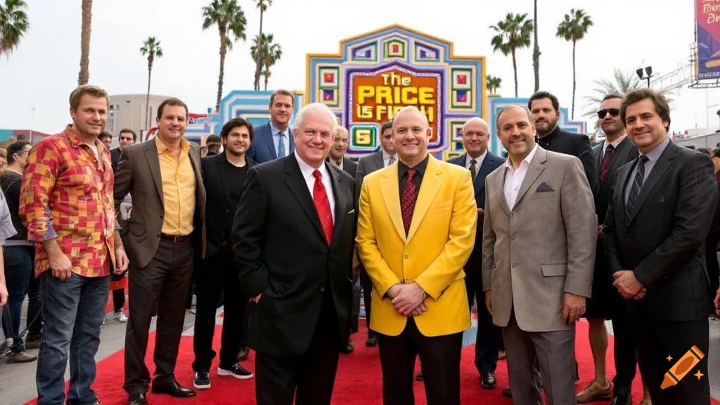 A group of men stand on a red carpet in front of The Price Is Right set.