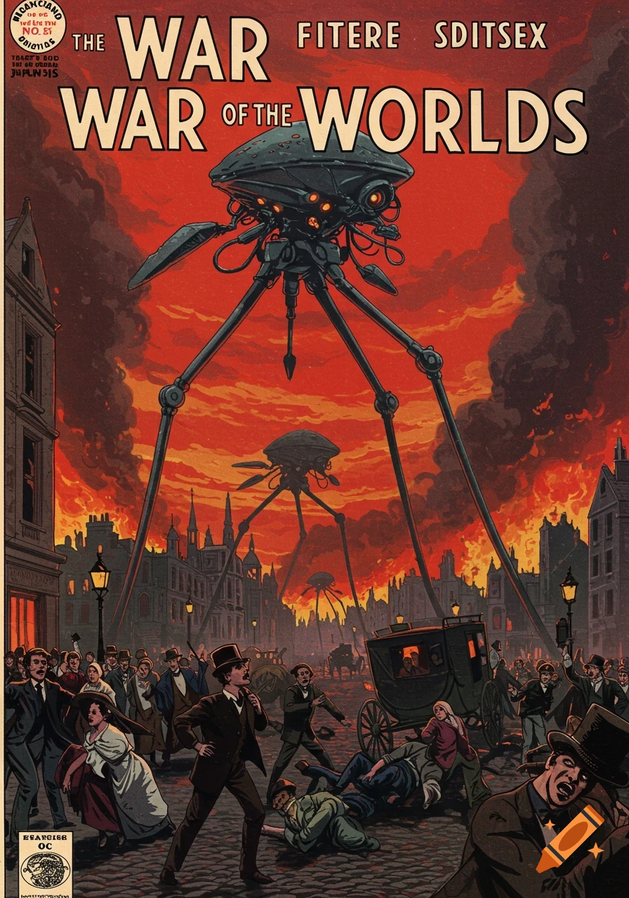 Vintage illustration of Martian tripods attacking a Victorian city with panicked people fleeing, under a red sky.