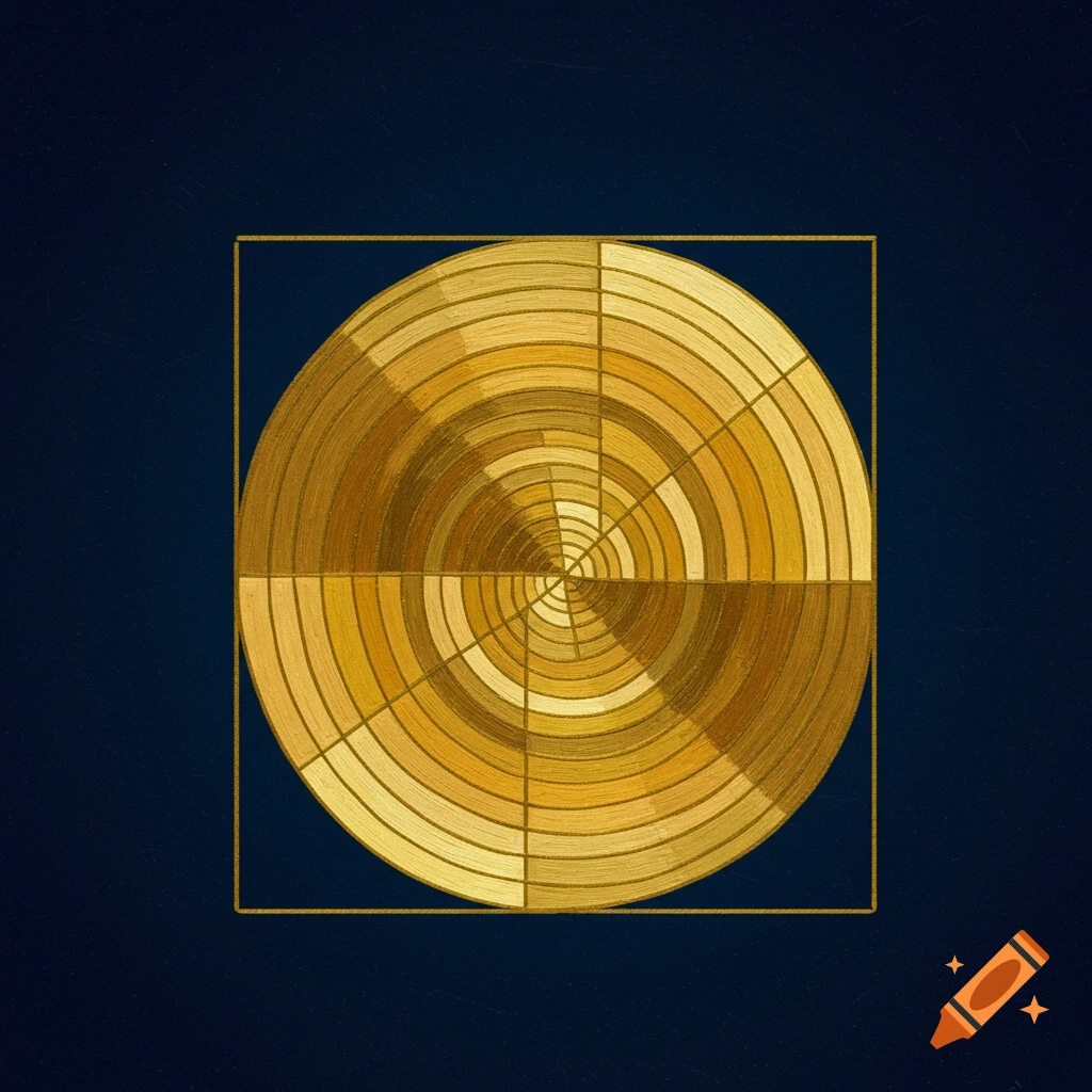 A geometric pattern of golden concentric circles and radiating lines within a square frame on a dark blue background.