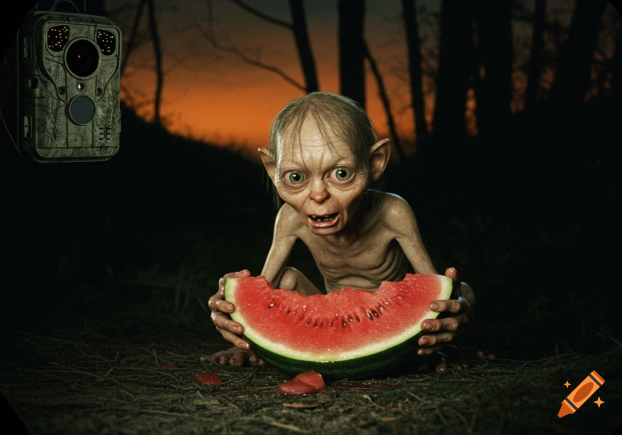 Photorealistic image of Gollum eating a slice of watermelon in a forest at dusk, with a trail camera in the background.
