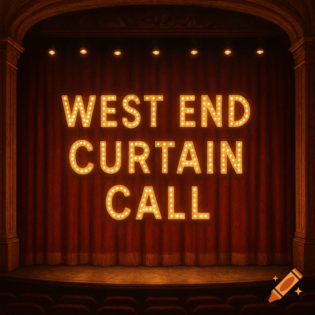 Theatre stage with red curtains and illuminated text 'WEST END CURTAIN CALL'.