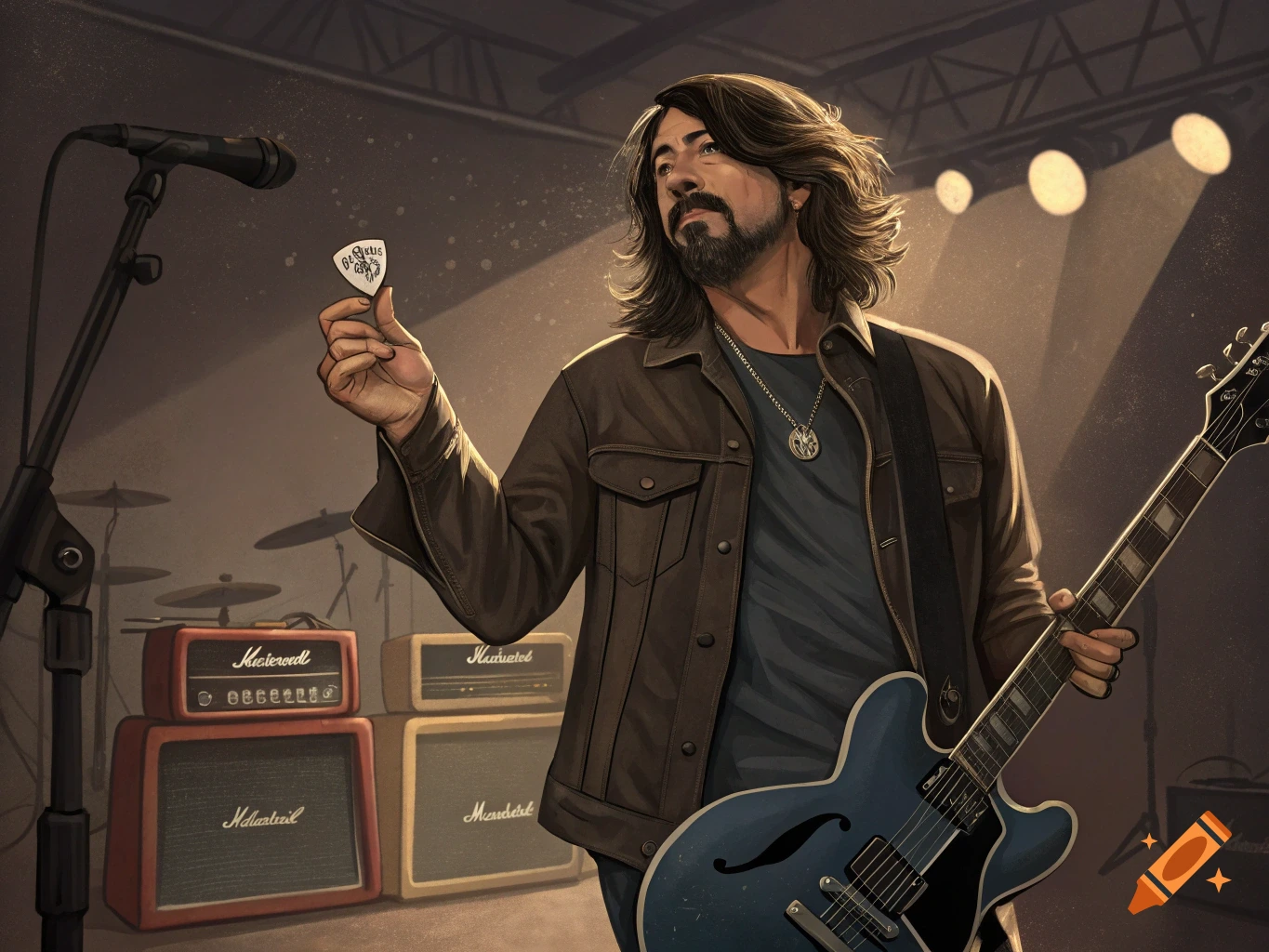 A man with long hair and a beard holds a guitar pick on a stage with amps. Illustration style.