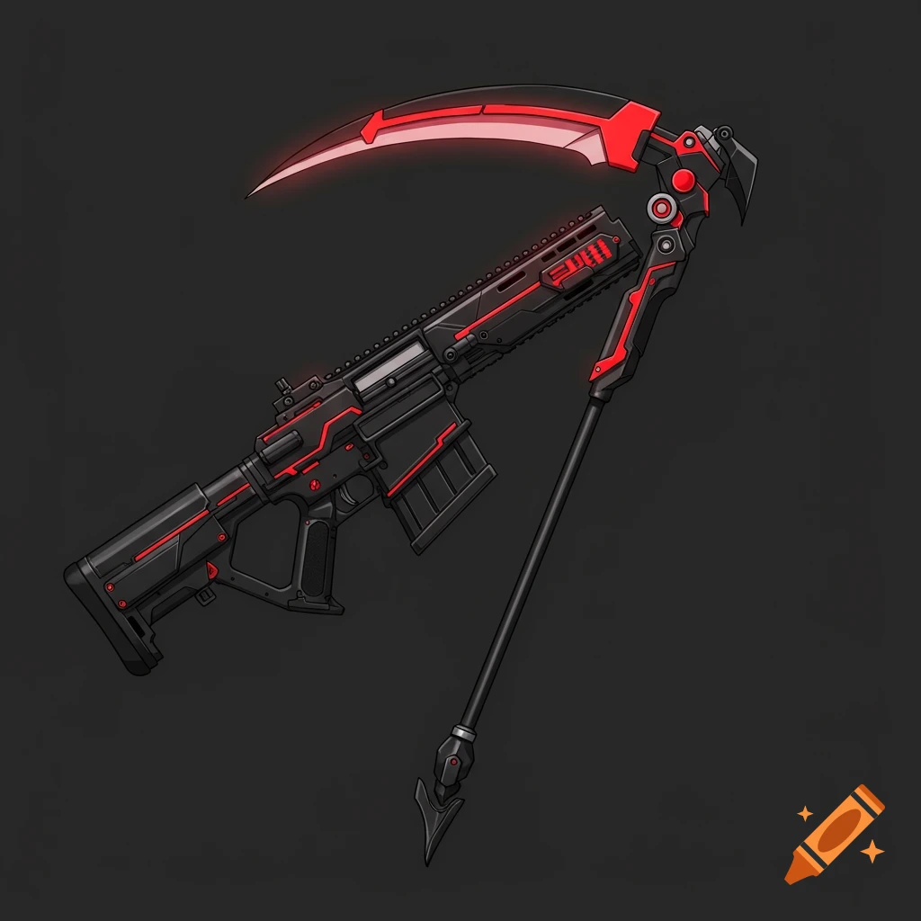 Stylized black and red scythe-rifle weapon in anime style