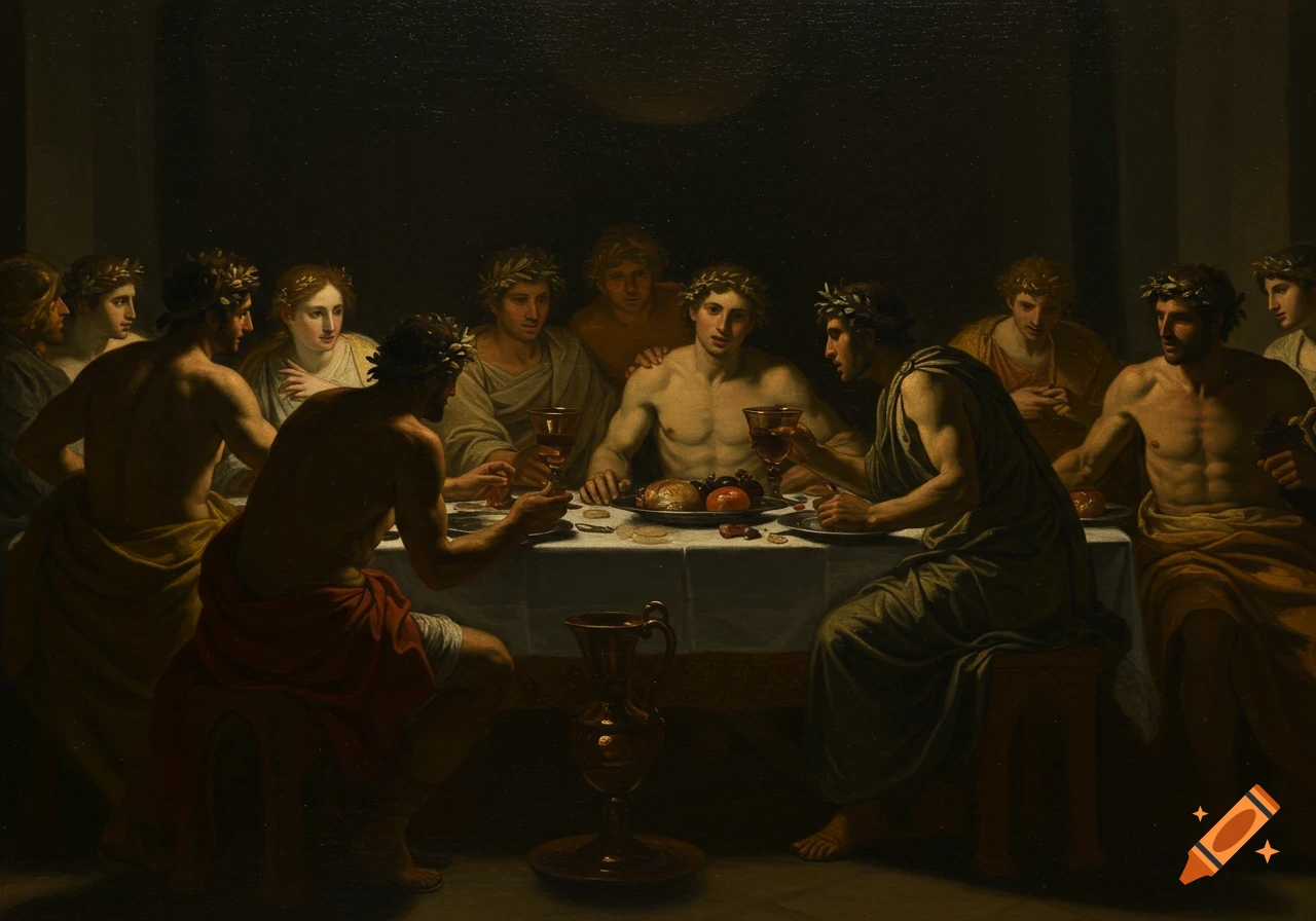 A chiaroscuro painting of figures in Greek attire at a dinner party.
