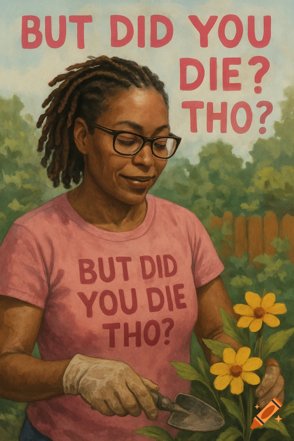 A woman with dreadlocks and glasses wears a pink t-shirt that says "But did you die tho?" while gardening with a trowel. The same phrase is in large letters in the sky. Painted style.