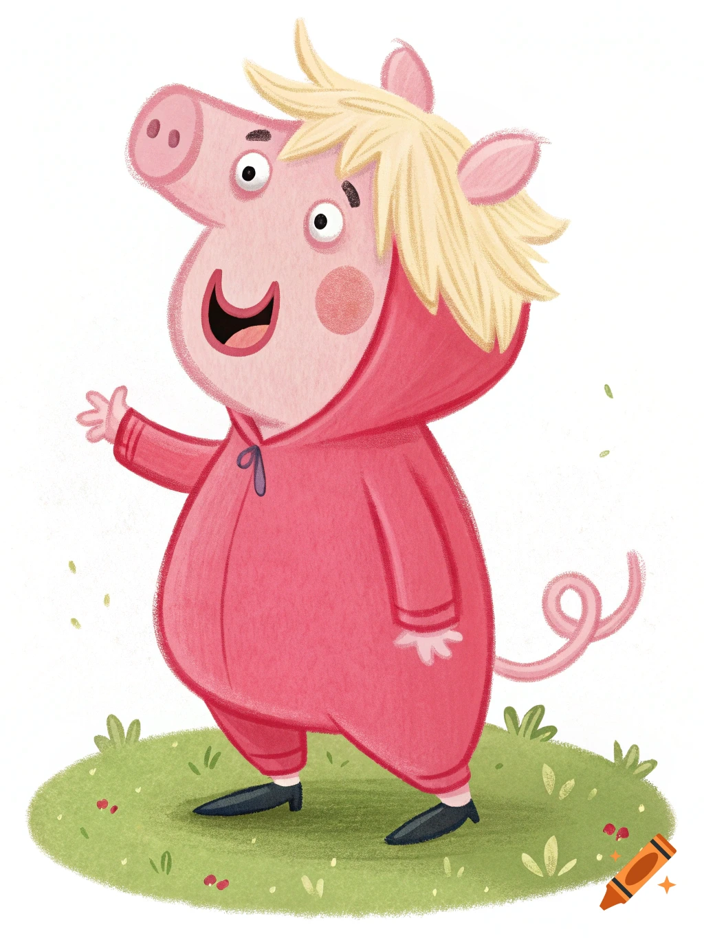 Cartoon illustration of a pig character wearing a pink hooded outfit standing on grass