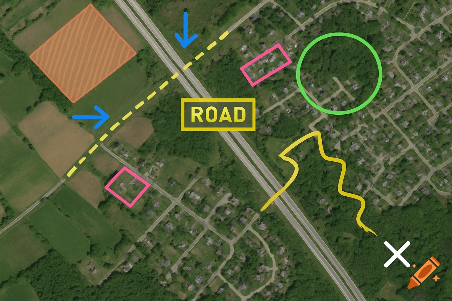 Aerial view map with orange, pink, green, blue, yellow annotations and a yellow 'ROAD' label.