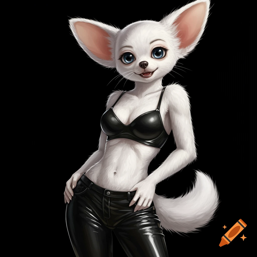 Digital illustration of a female anthropomorphic white chihuahua in black bra and leather pants