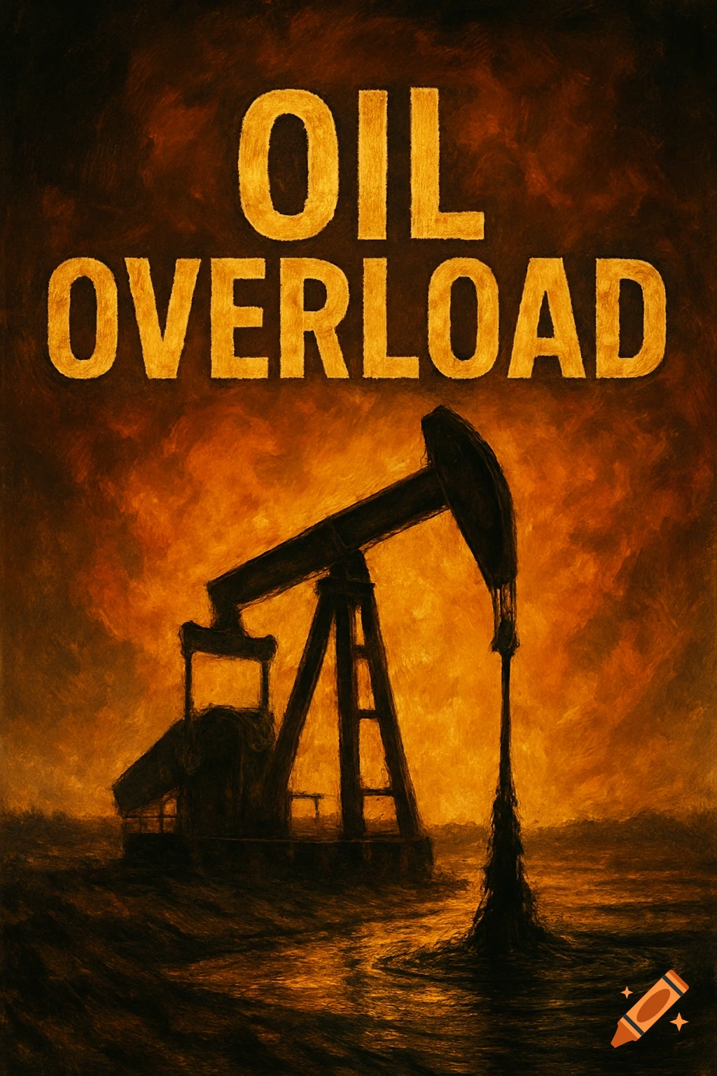 A dark, painterly image of an oil pumpjack with oil spilling, under text reading 'OIL OVERLOAD'.