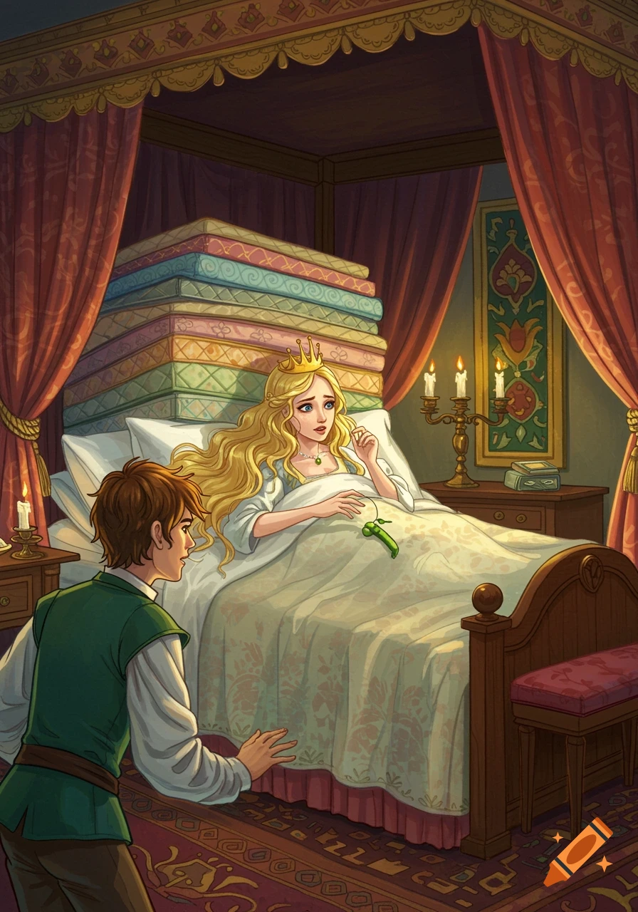 A princess lies in a tall bed stacked with mattresses while a young man kneels beside her in an illustrated scene.