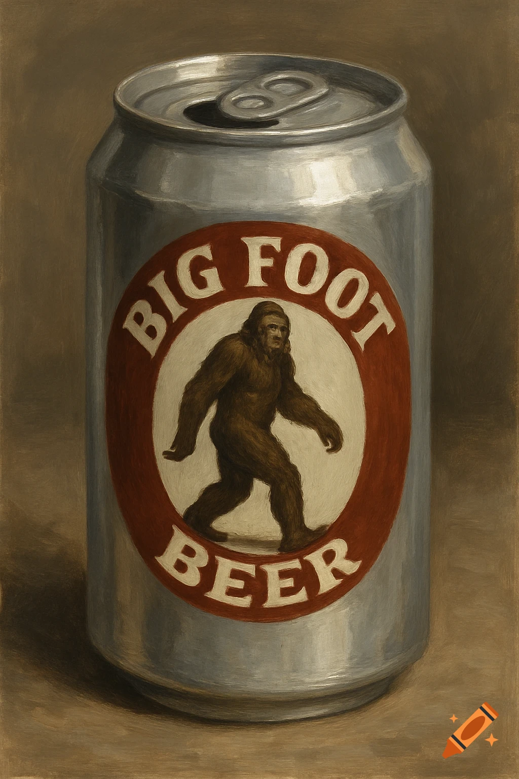 Painting of a beer can with a BIG FOOT BEER logo featuring Bigfoot.