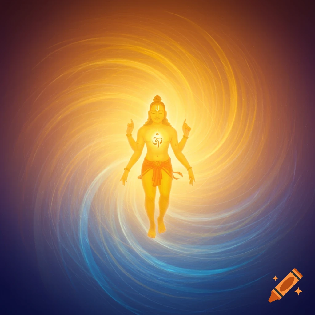 A multi-armed spiritual figure glows in a swirl of orange and blue light.