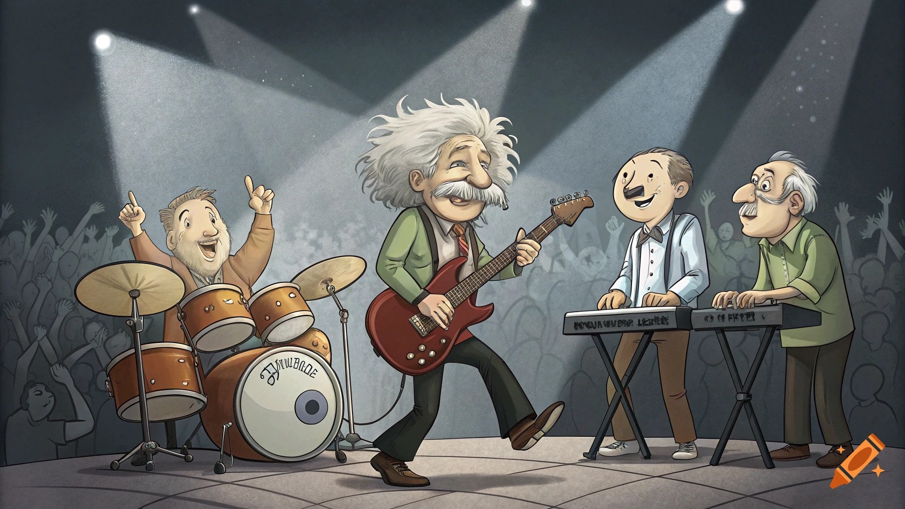 Cartoon of a band of old men playing on stage, featuring Albert Einstein on electric guitar.