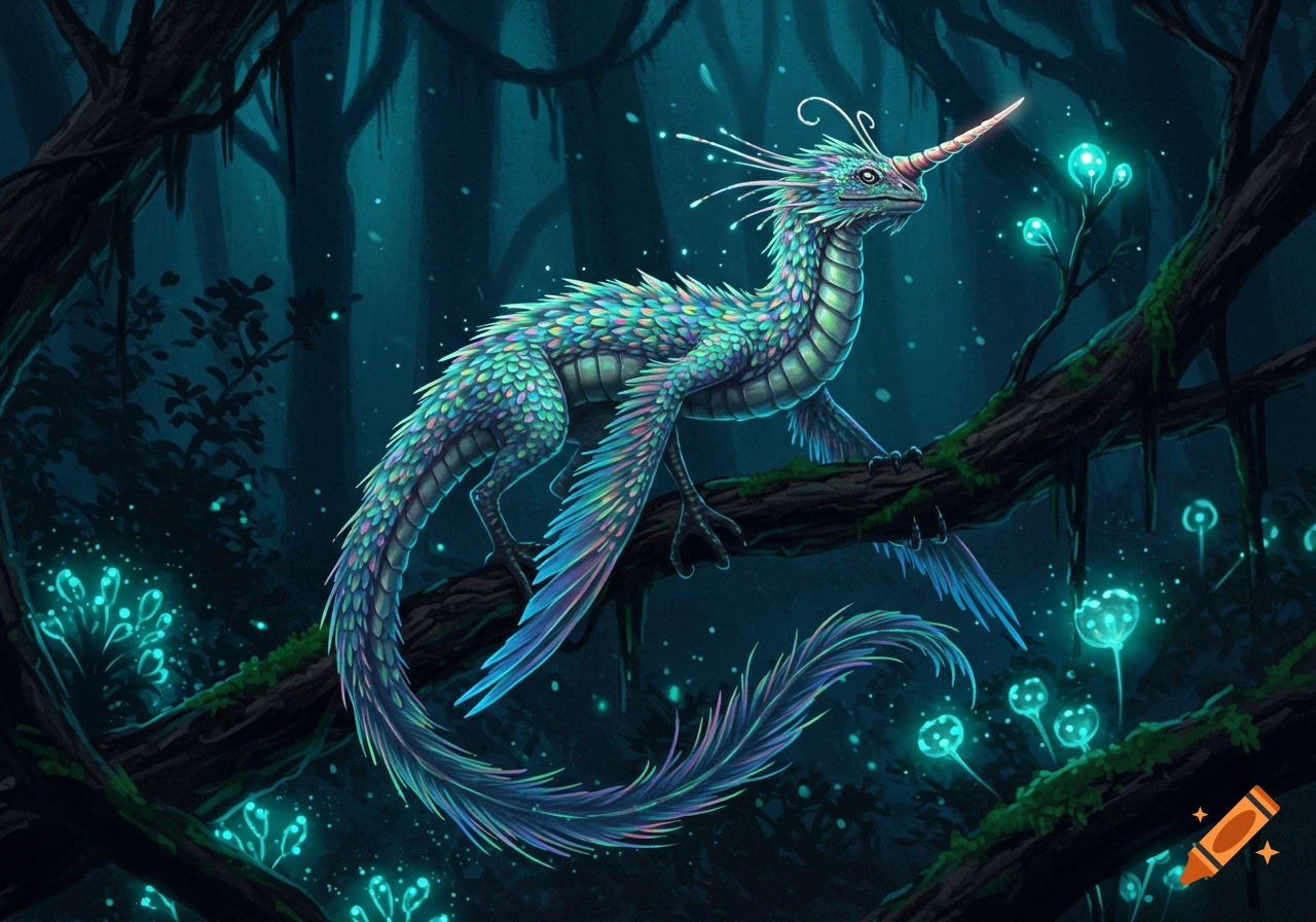 An iridescent fantasy creature with a horn perches on a branch in a ...