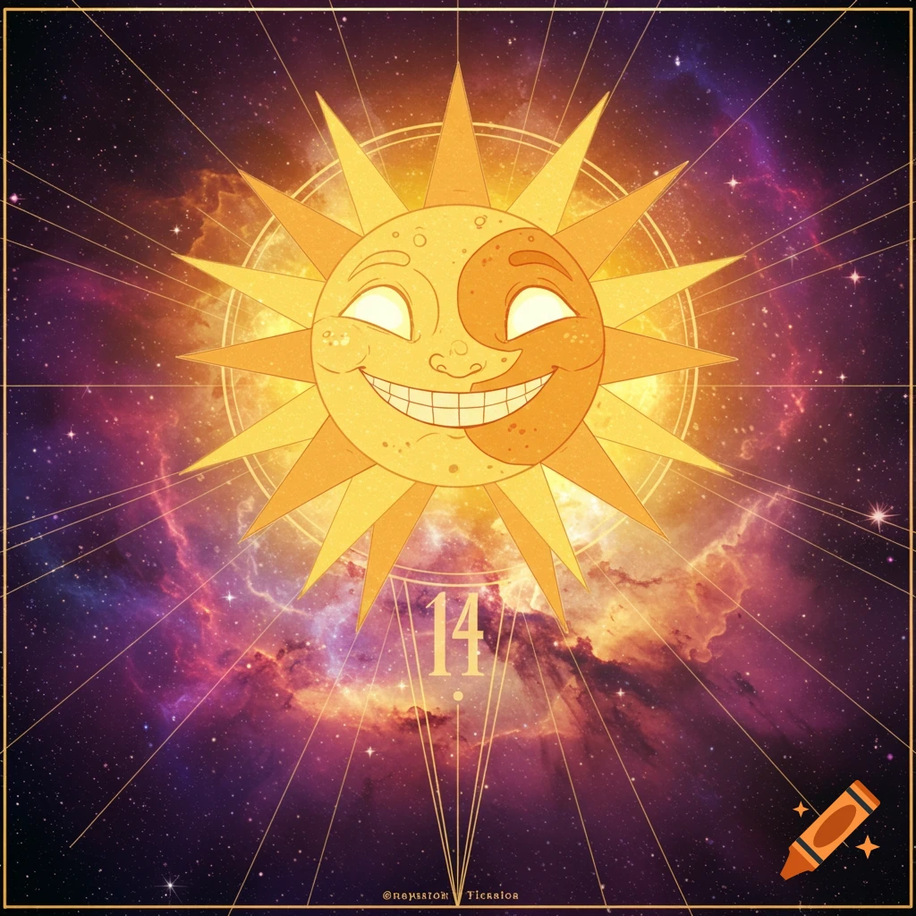 Stylized smiling sun and moon in space with the number 14 below.