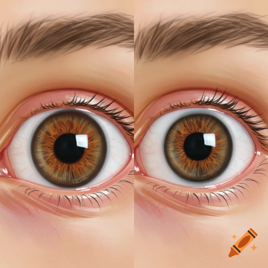 Two close-up human eyes side-by-side. The left eye has a brown iris. The right eye appears black or blank where the iris should be. Realistic illustration style.