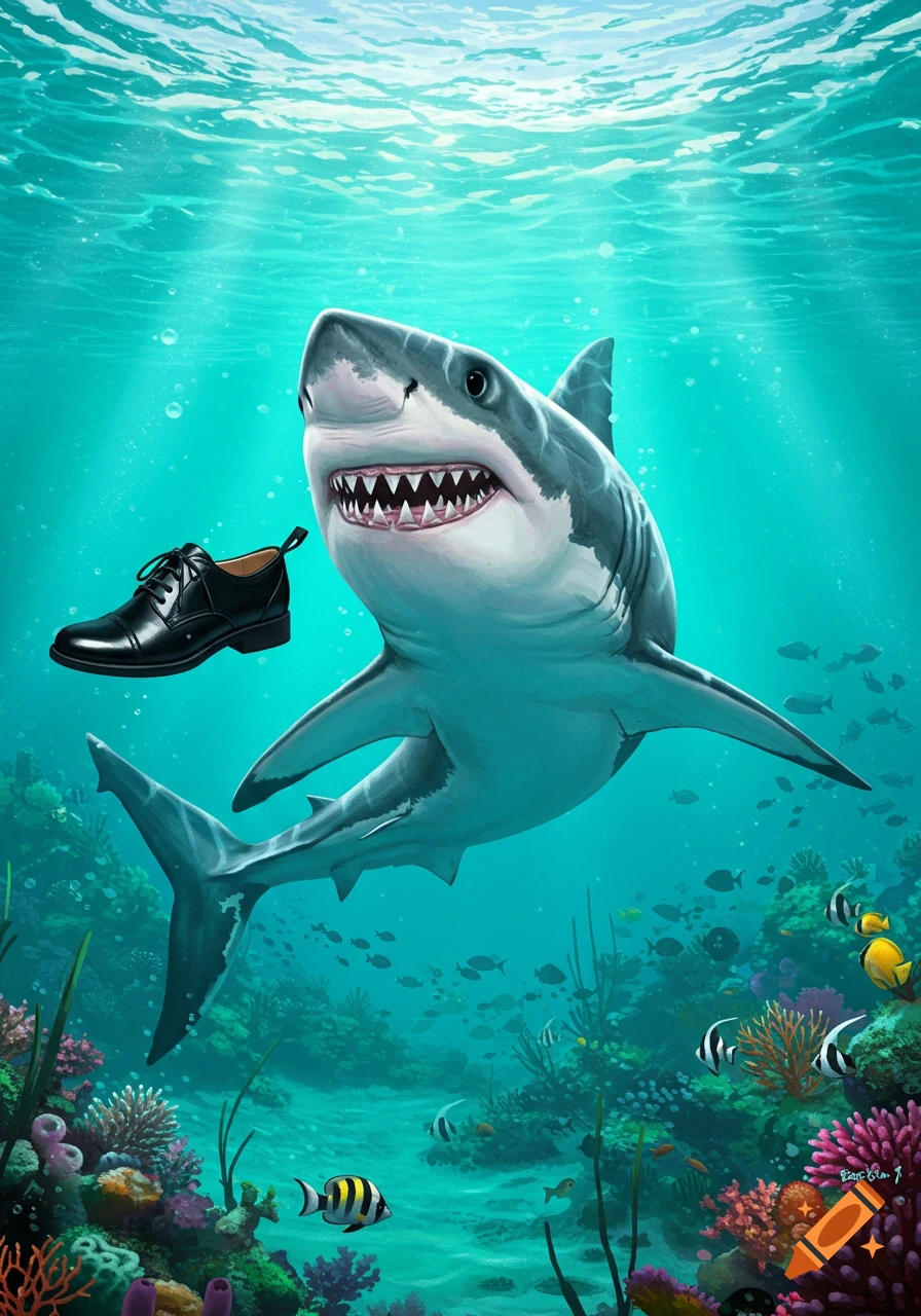 Digital illustration of a great white shark swimming underwater near a coral reef with a black dress shoe floating beside it.
