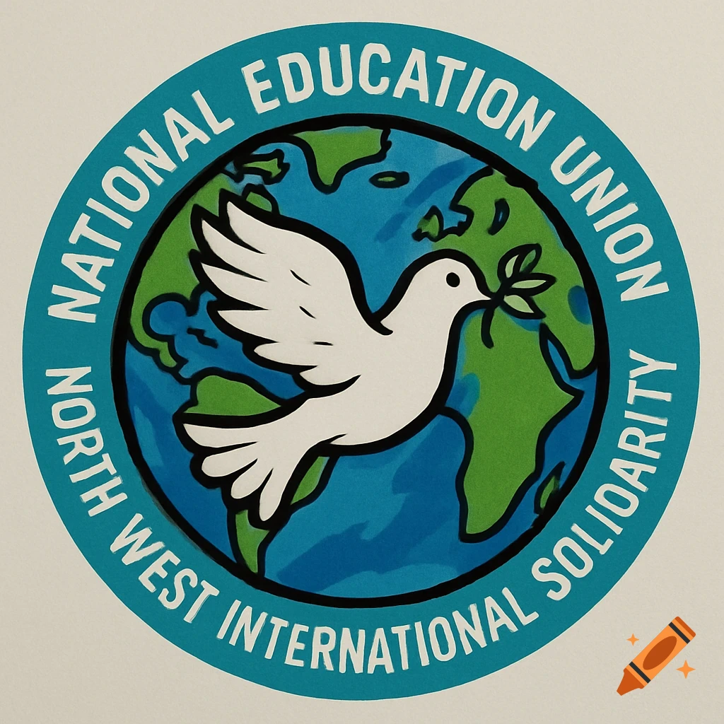 Stylized circular logo with globe, white dove, and text 'NATIONAL EDUCATION UNION NORTH WEST INTERNATIONAL SOLIDARITY'.