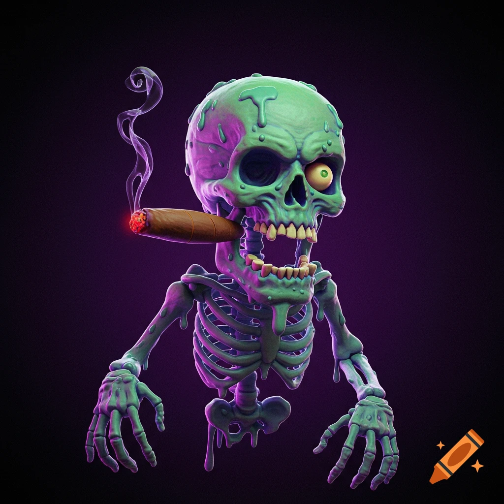 Stylized green and purple skeleton smoking a cigar with dripping textures.