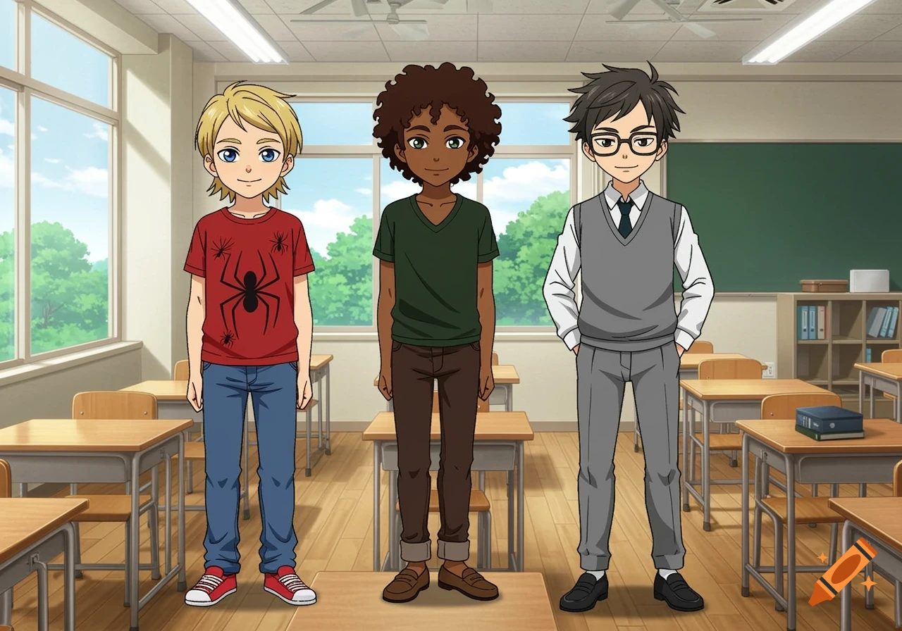 Anime illustration of three boys standing in a classroom.