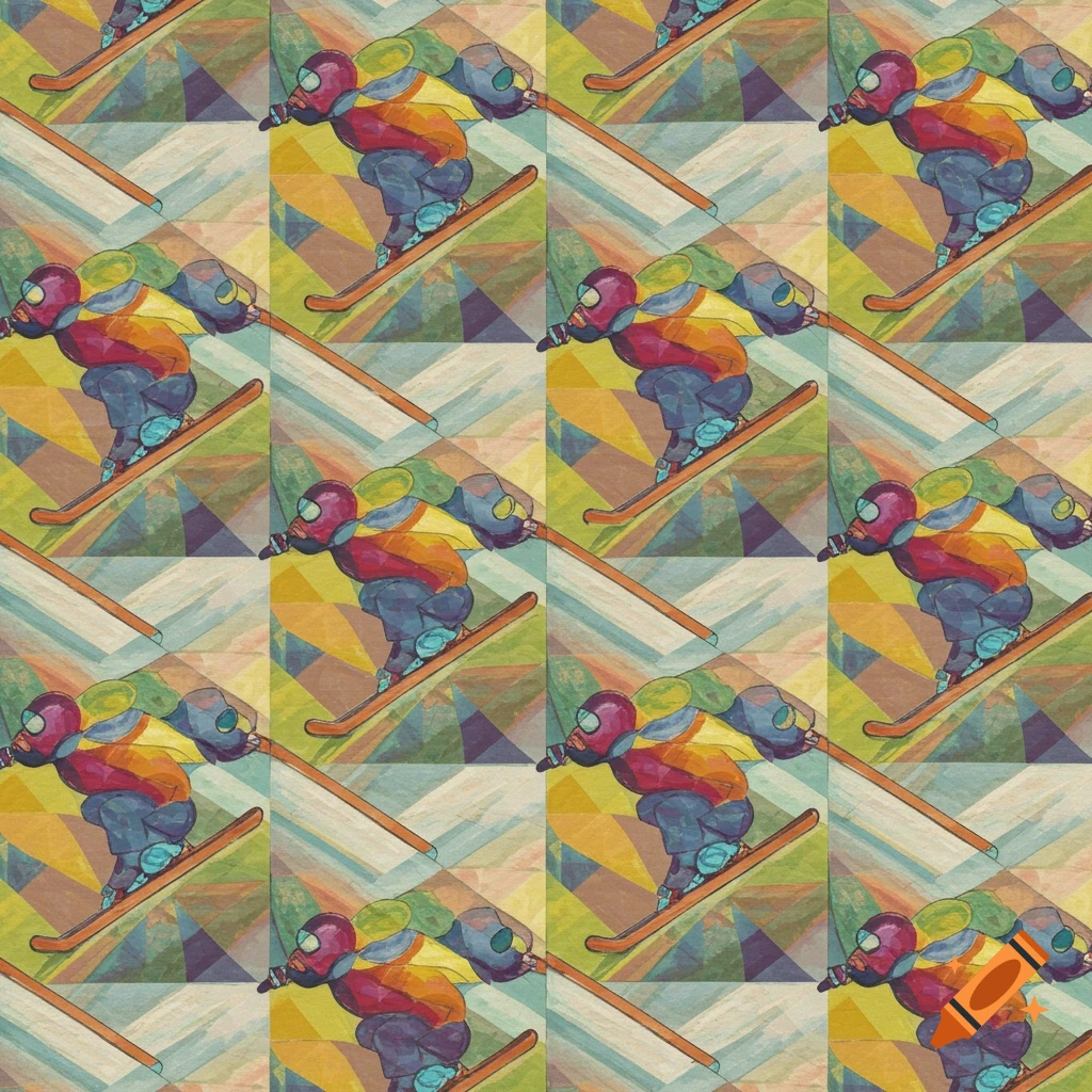 A colorful abstract tessellation pattern featuring a stylized skier.