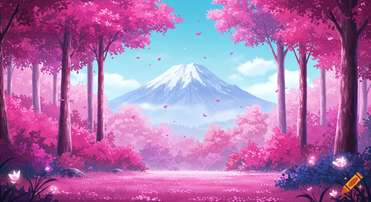 Anime pink forest with cherry blossoms and mountain in the background