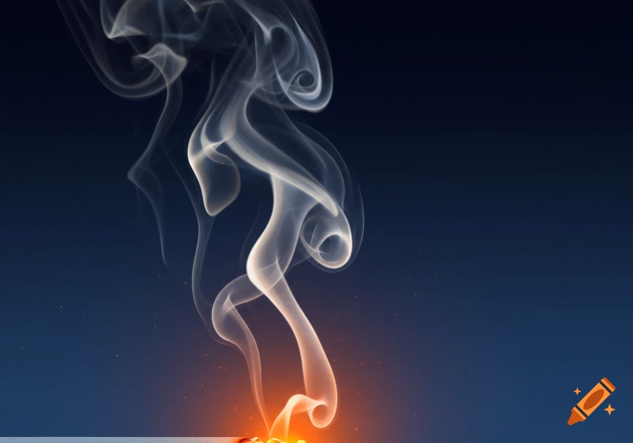 Swirling white smoke rises from an orange ember against a dark blue background.