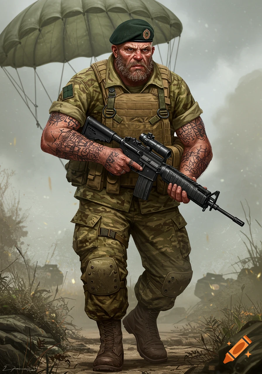 A gruff, tattooed soldier in camouflage and a beret holds a rifle, standing beneath a parachute.