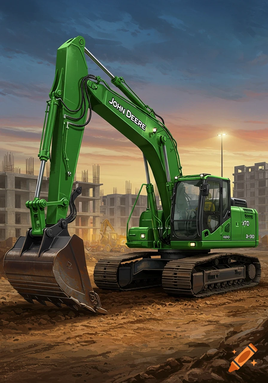 A green John Deere excavator sits on a dirt ground at a construction site with unfinished buildings and a sunset sky.