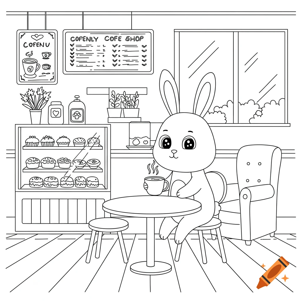 Coloring page of a cute bunny drinking coffee at a coffee shop.