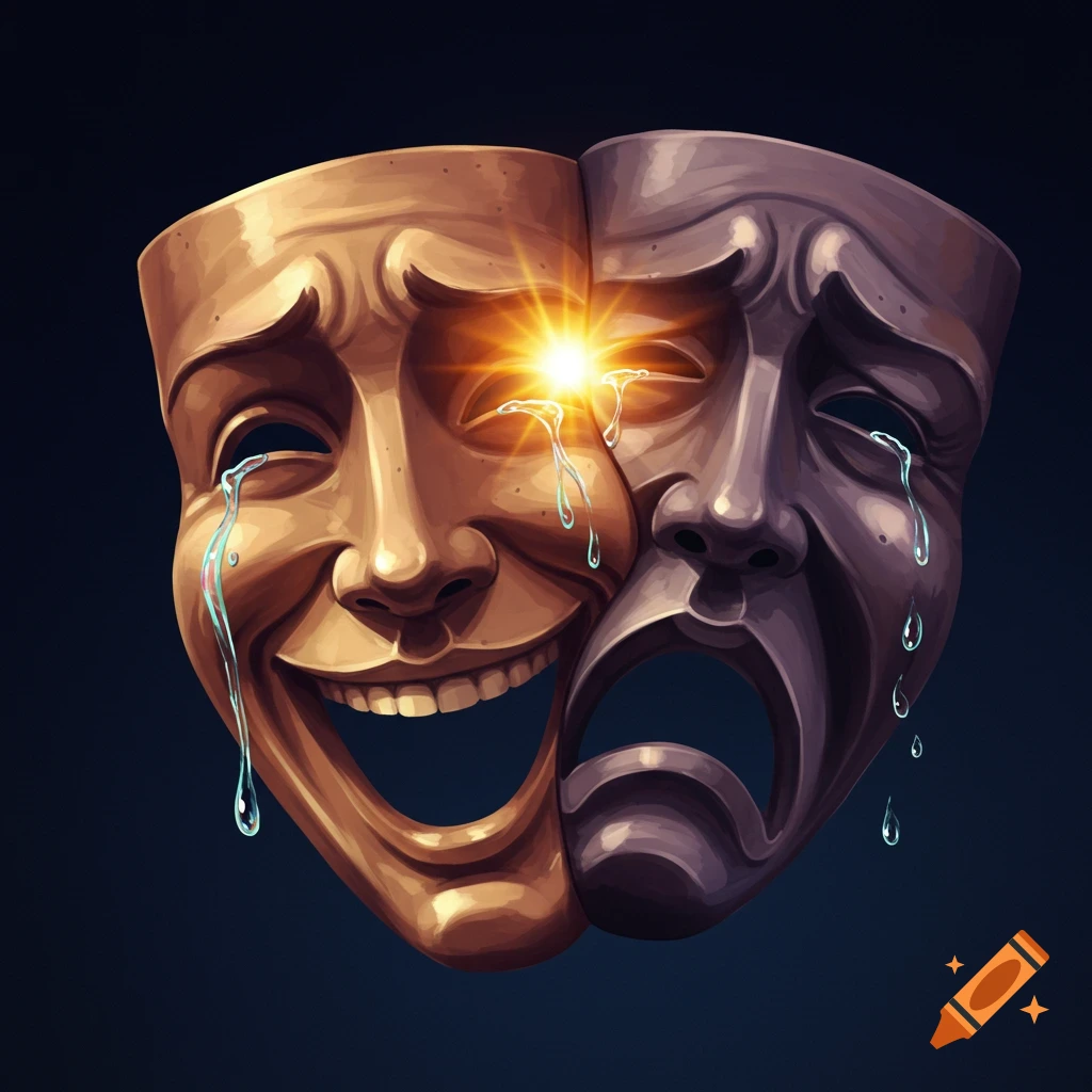 Comedy and tragedy masks with tears and a bright light shining from one eye.