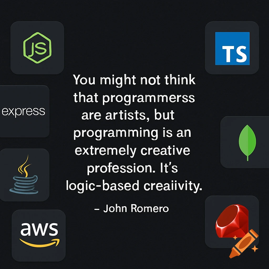 Programming logos surround a quote about programming creativity on a dark background.