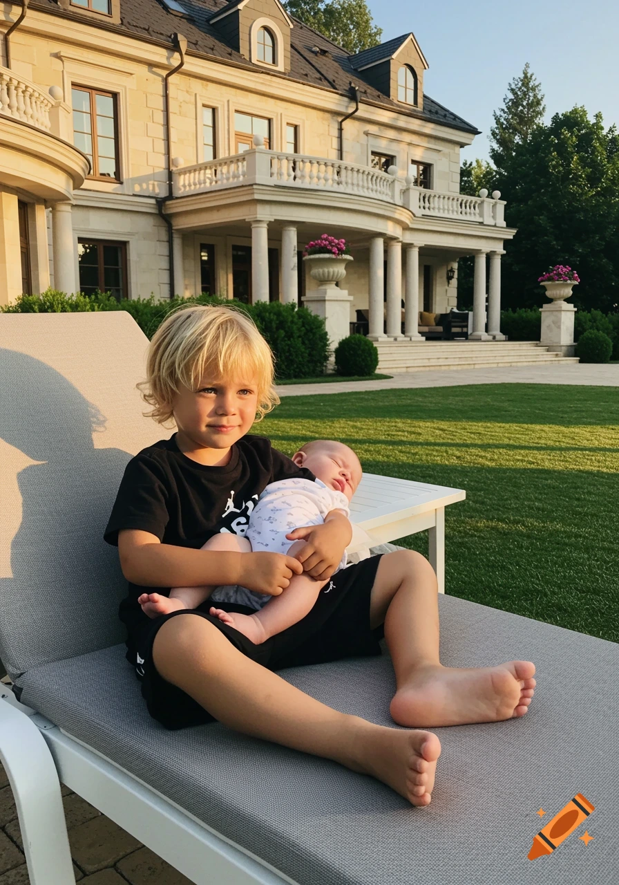 A young boy sits on a sun chair holding a baby in front of a large mansion.