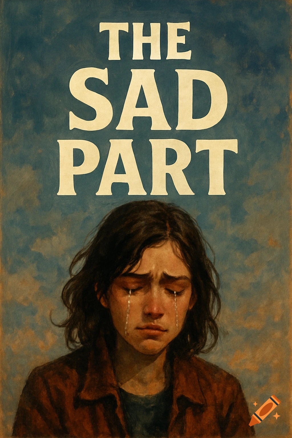 Painting of a person crying under the words THE SAD PART
