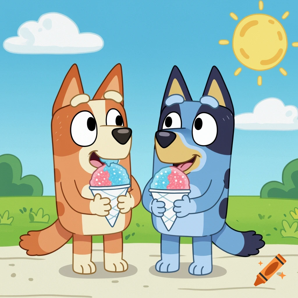 Cartoon dogs Bluey and Bingo hold snowcones on a sunny day.