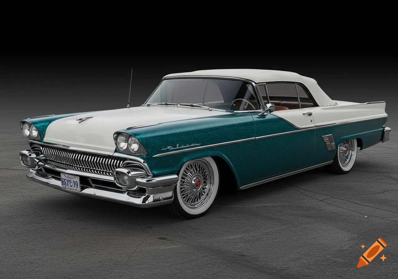 A teal sparkle and white 1950s Mercury Monterey convertible on a dark background.