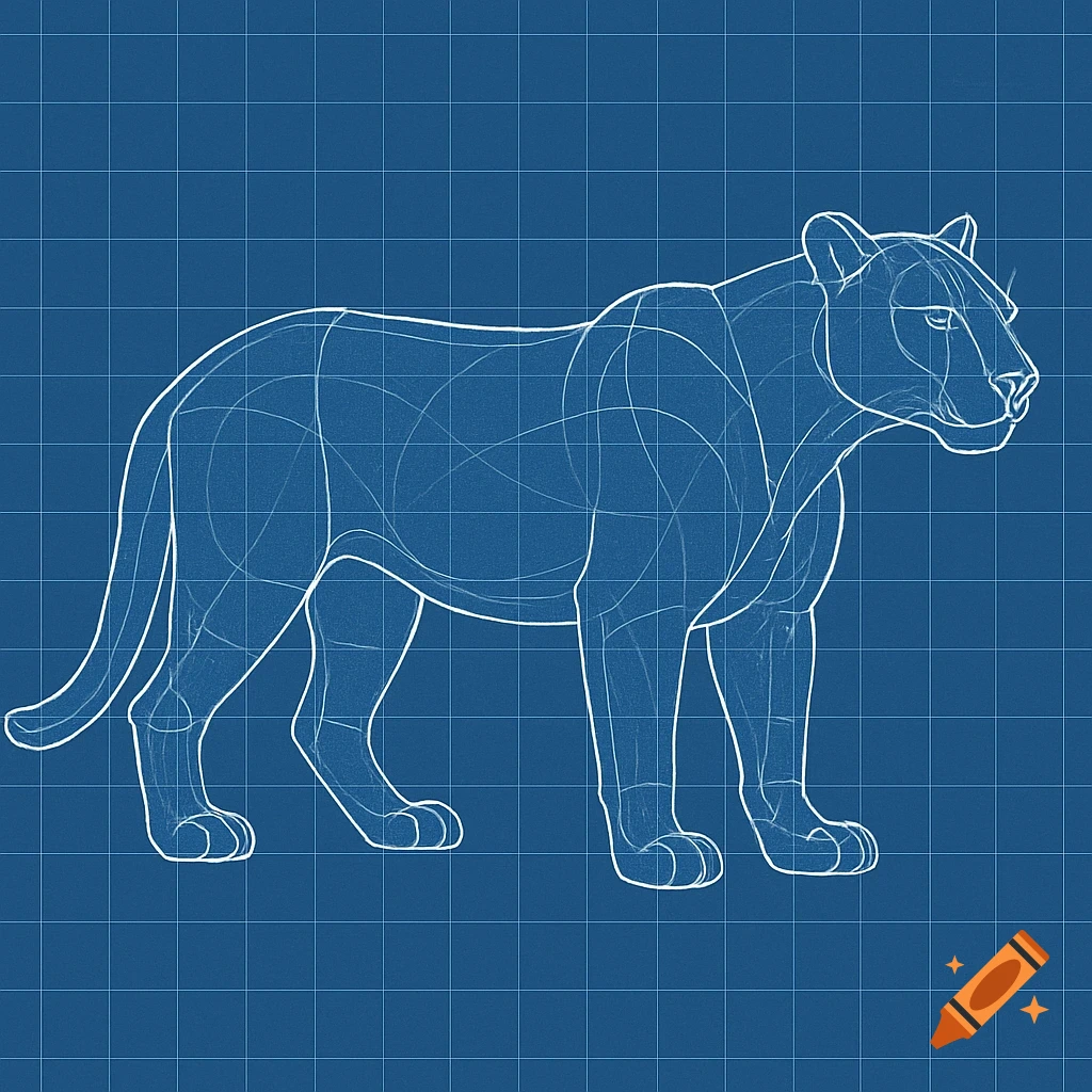 Blueprint drawing of a panther on a blue grid background.