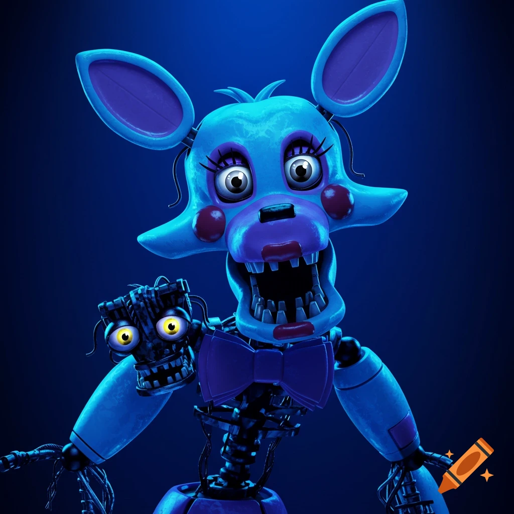 A blue and purple Five Nights at Freddy's animatronic Mangle with exposed endoskeleton parts against a dark blue background.
