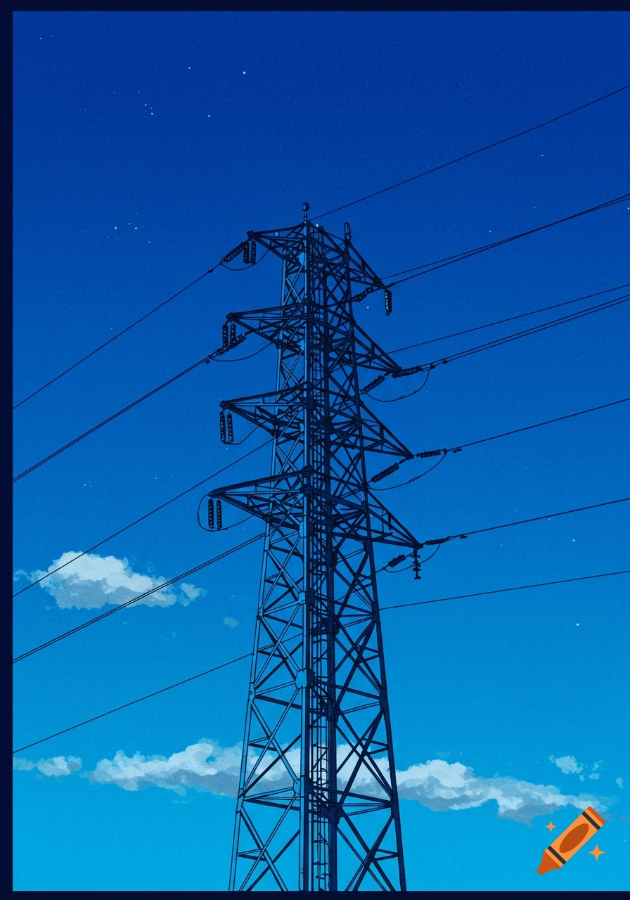 Anime style illustration of a power line tower against a deep blue sky with stars and clouds.