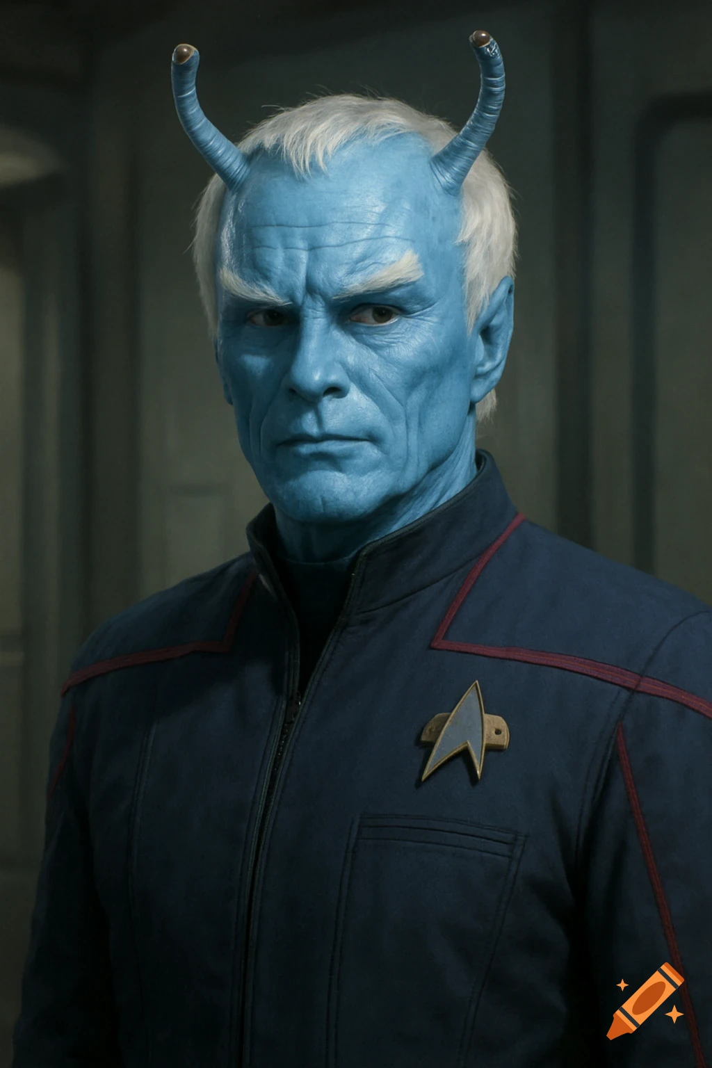 Portrait of a male Star Trek alien character with blue skin, antennae, and white hair, wearing a Starfleet uniform.